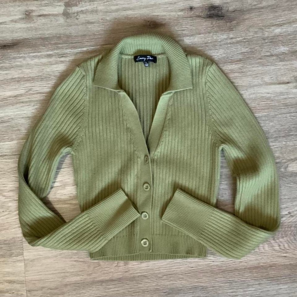 Emory Park tight button up cardigan sweater shirt in olive green - size medium